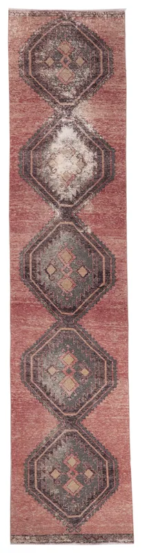 Full overhead view of the 3'1" x 14'5" vintage tan and blue runner rug.