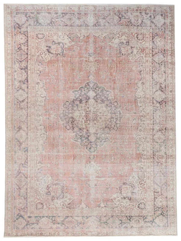 Full overhead view of the 8'0" x 10'8" rose medallion vintage Anatolian rug with navy and beige details