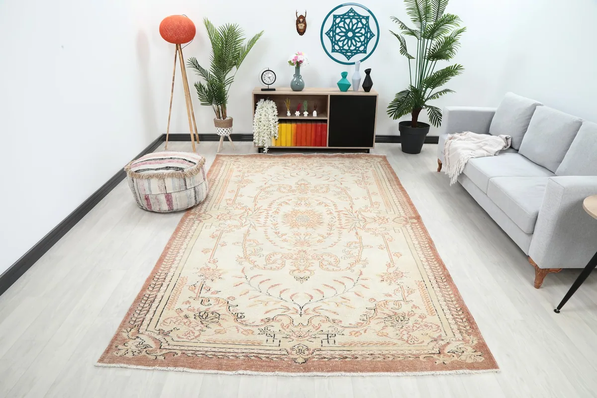 Vintage Anatolian rug displayed in a bright living room setting with a sofa and plants