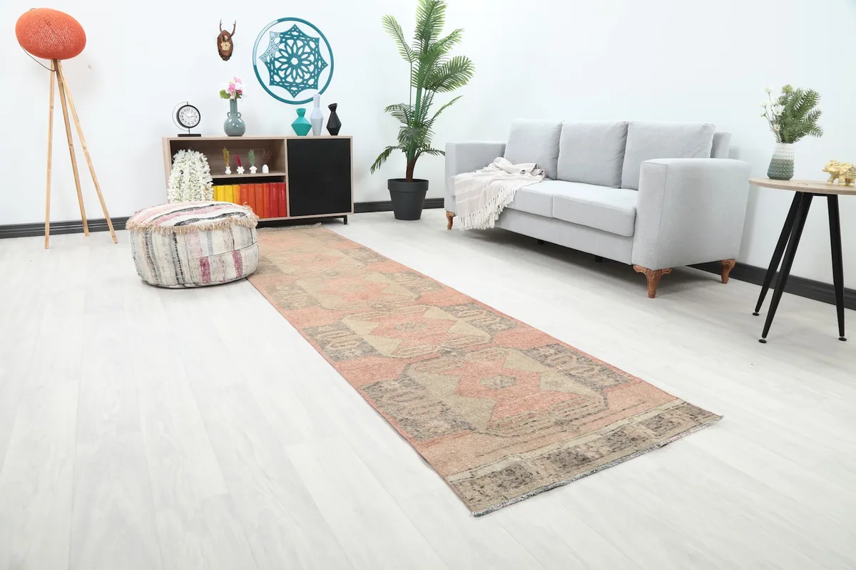 Angle view of the Anatolian runner rug in a room, highlighting its placement and geometric design.