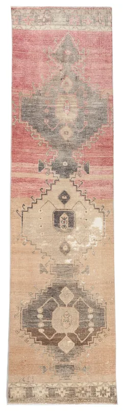 Full top view of the 2'8" x 10'4" rose, beige, and gray Anatolian runner rug on a white background.