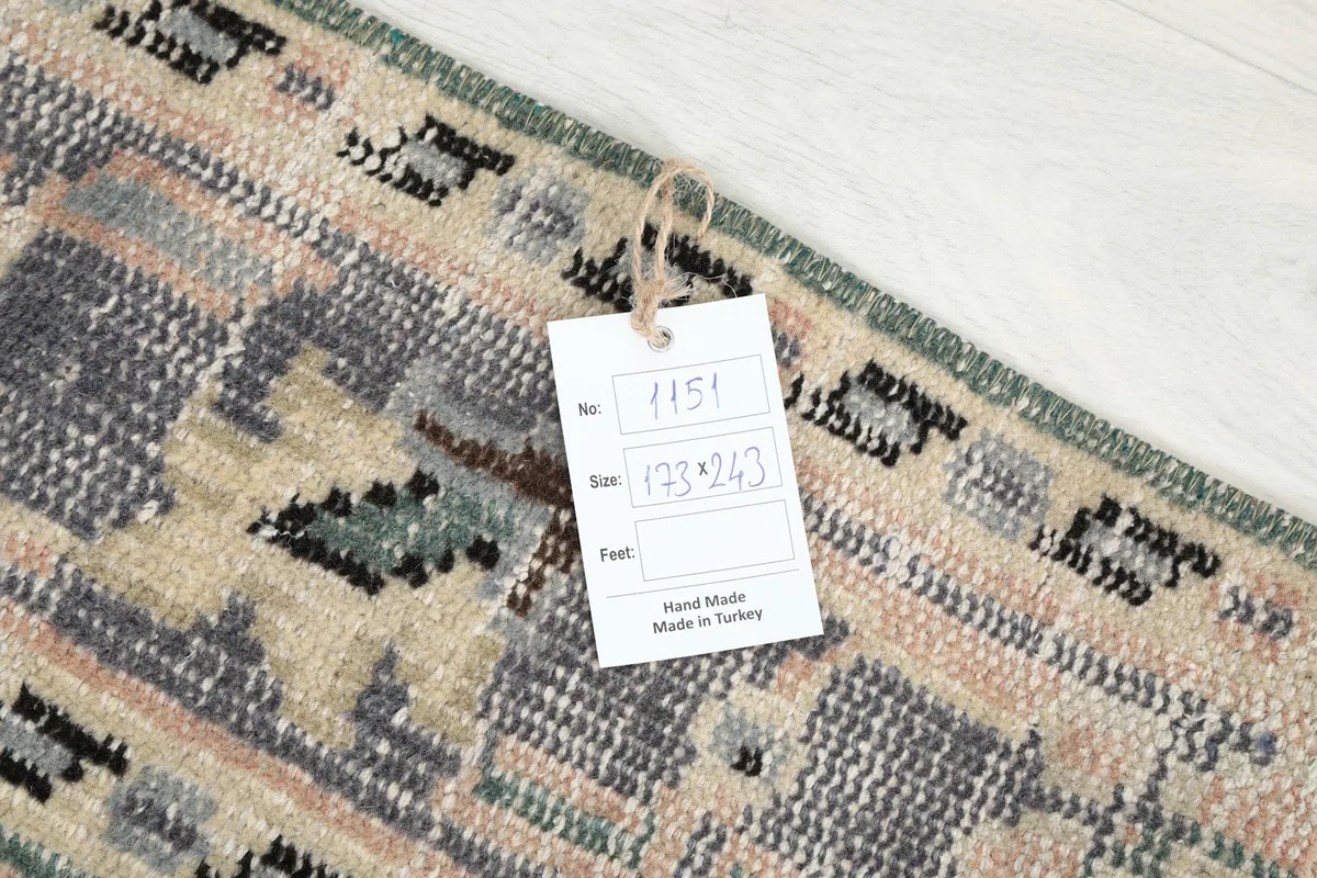 Close-up of the rug's tag, indicating hand-made in Turkey and size