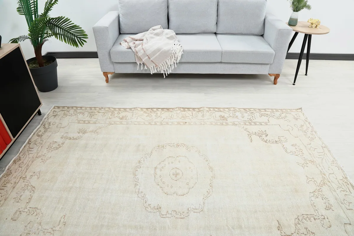 Overhead view of the ivory and beige rug with a gray sofa in the background, highlighting the central medallion.
