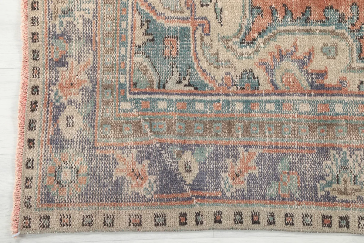 Close-up of the rug's outer border design and fringe, showing the blend of colors