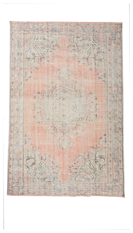 Full top view of the vintage rose and gray Anatolian area rug