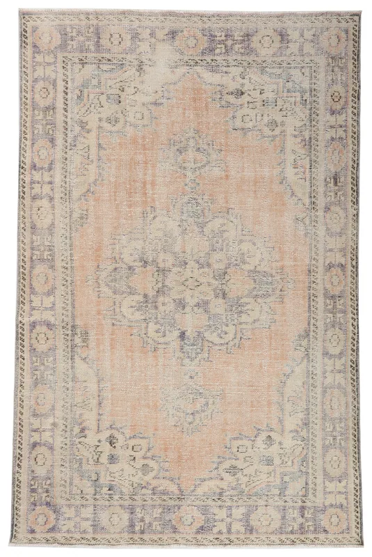 Full top view of the vintage 6'2" x 9'6" Anatolian area rug with rust field and gray medallion