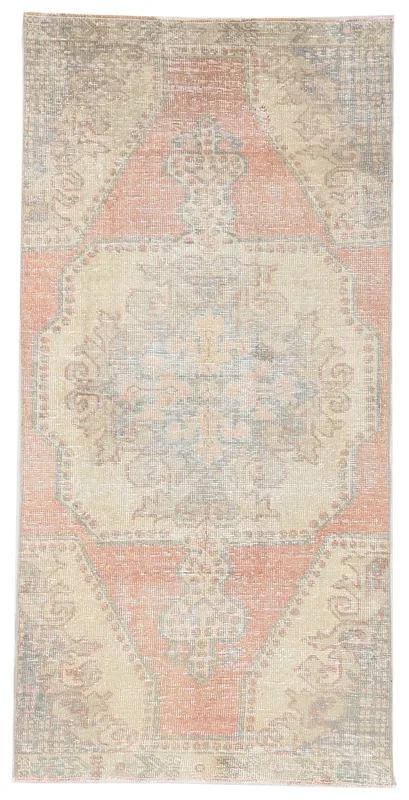 Full top view of a 4x7 vintage Anatolian rug featuring a rose and beige medallion design