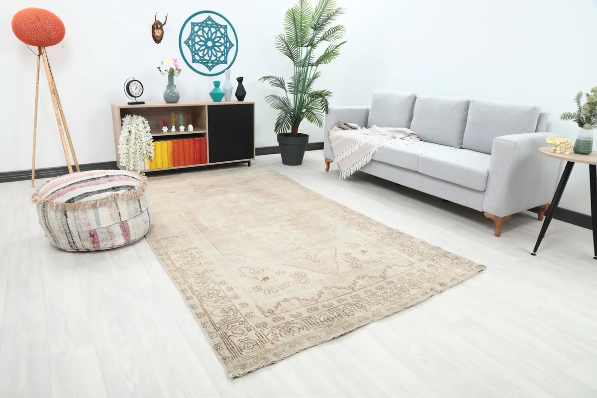 Angle view of the Anatolian rug in a living room, showing its placement next to a light gray sofa.