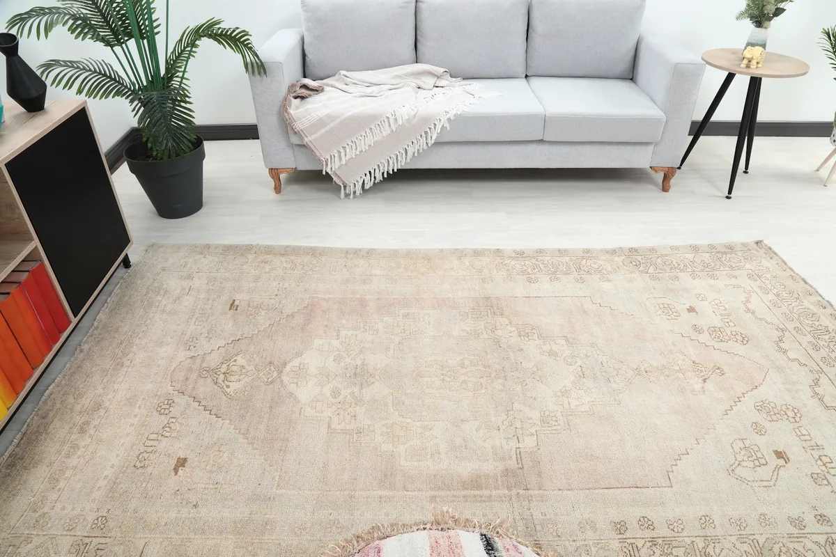 Overhead view showing the full size of the rug within the room setting, highlighting its faded design.