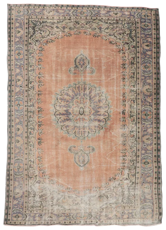 Full top view of the large orange and gray medallion vintage Anatolian rug