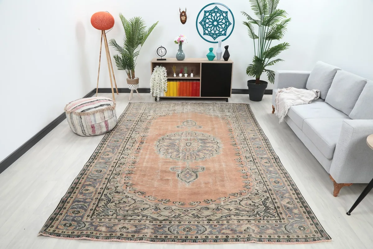 Vintage orange and gray rug displayed in a room setting with a sofa and plants