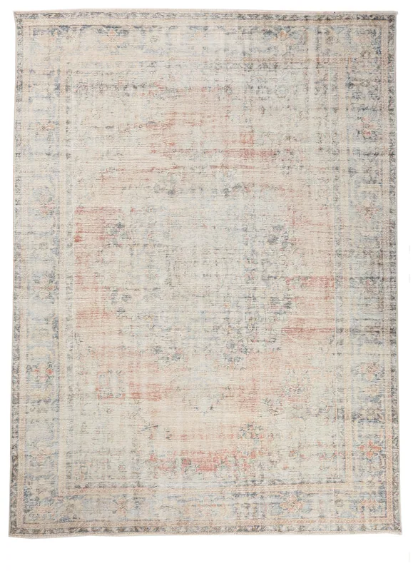 Full top view of the 8'1" x 11'0" ivory and rose distressed medallion rug