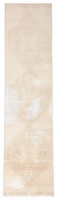 Full top view of the 2'11" x 12'2" beige vintage Anatolian runner rug on a white background.