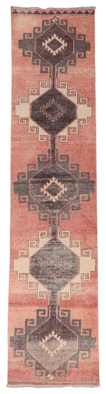 Full top view of the 2'11" x 13'2" vintage rust runner rug with charcoal and beige geometric patterns