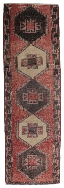 Full top view of the vintage Anatolian runner rug with geometric patterns in red, beige, brown, and gray.