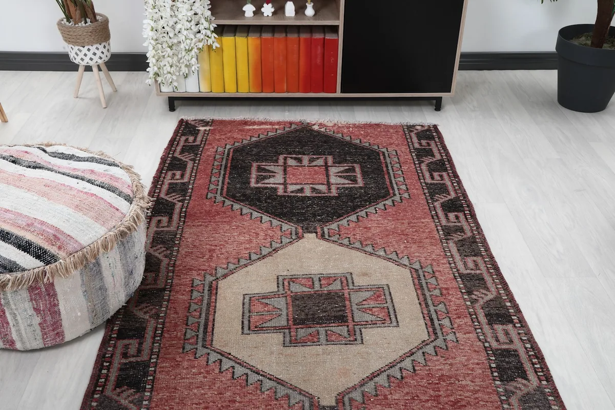 Overhead view of a section of the runner rug in a room setting, showing the pattern flow.