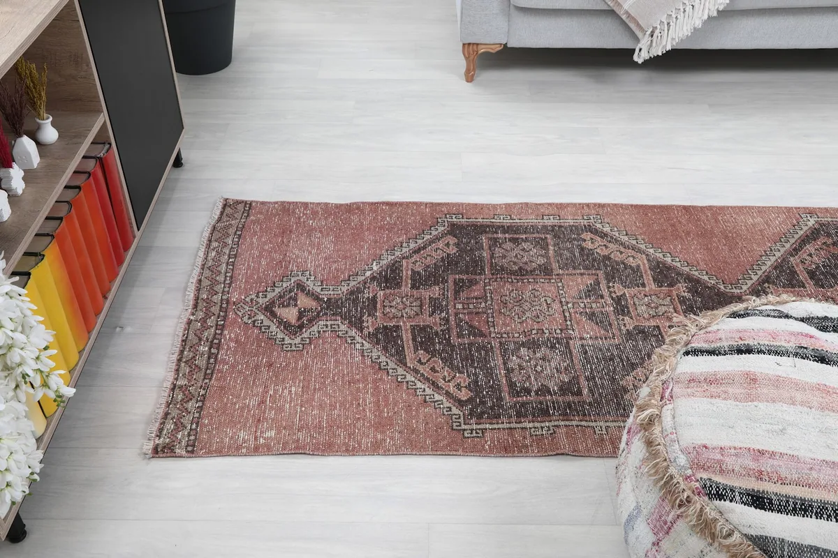Angle shot of the runner rug, showing its placement in a room from a slightly elevated perspective.