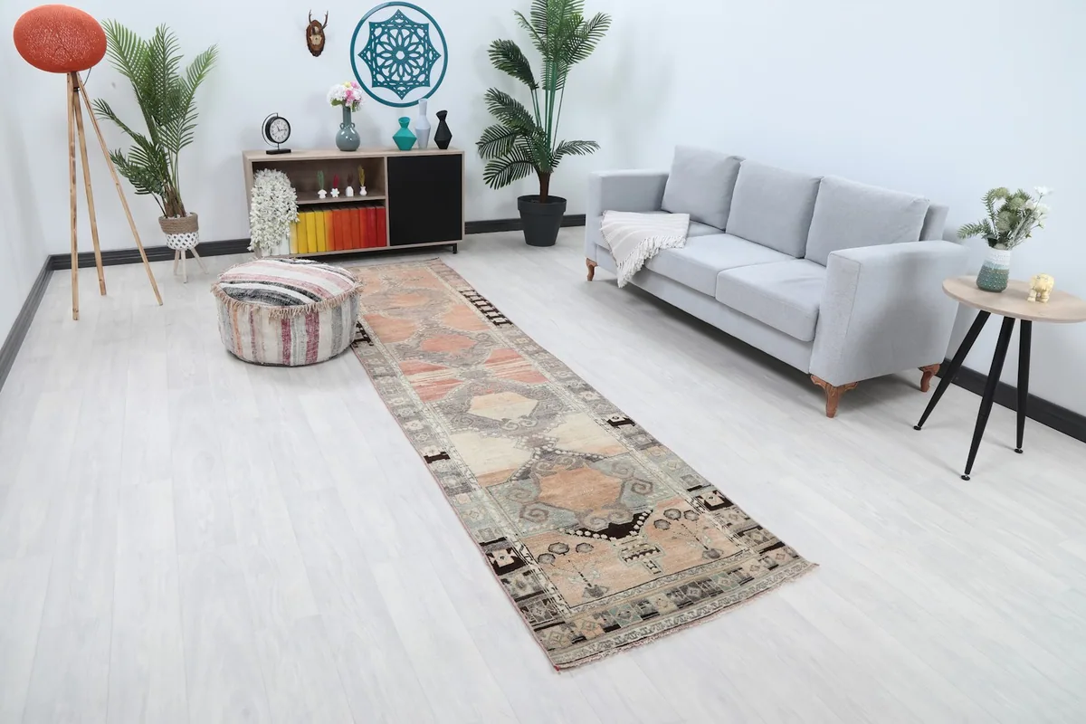 Runner rug in a room, angled view, highlighting the interplay of rust, gray, and beige tones.