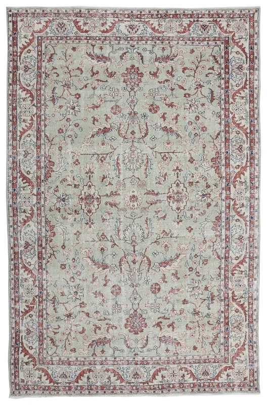 Full top view of the vintage Anatolian rug with gray field and red floral patterns