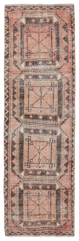 Full top view of the 3'2" x 10'11" vintage Anatolian runner rug with rose field and charcoal geometric motifs.