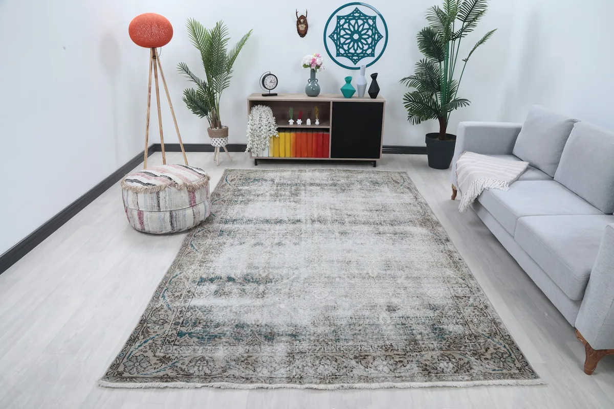 Vintage Anatolian rug displayed in a bright living room setting with a sofa and plants