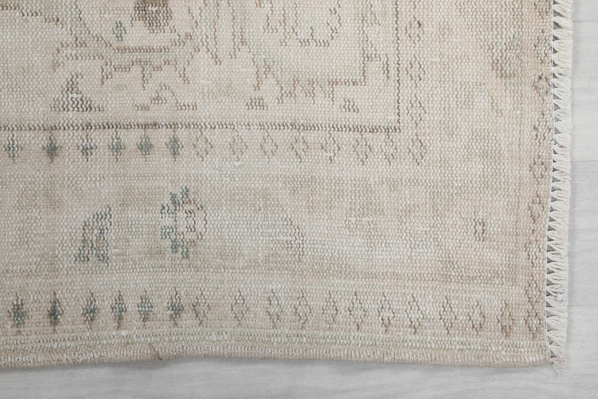 Close-up of the rug's border design, showing the intricate geometric details and fringe.