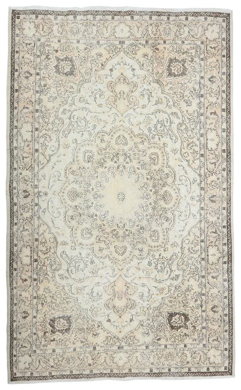 Full top view of the cream and brown vintage Anatolian area rug
