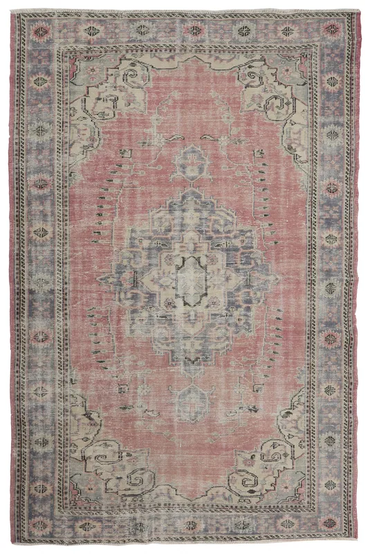 Rose Medallion Anatolian Rug, full top view showing faded rose field and gray border.