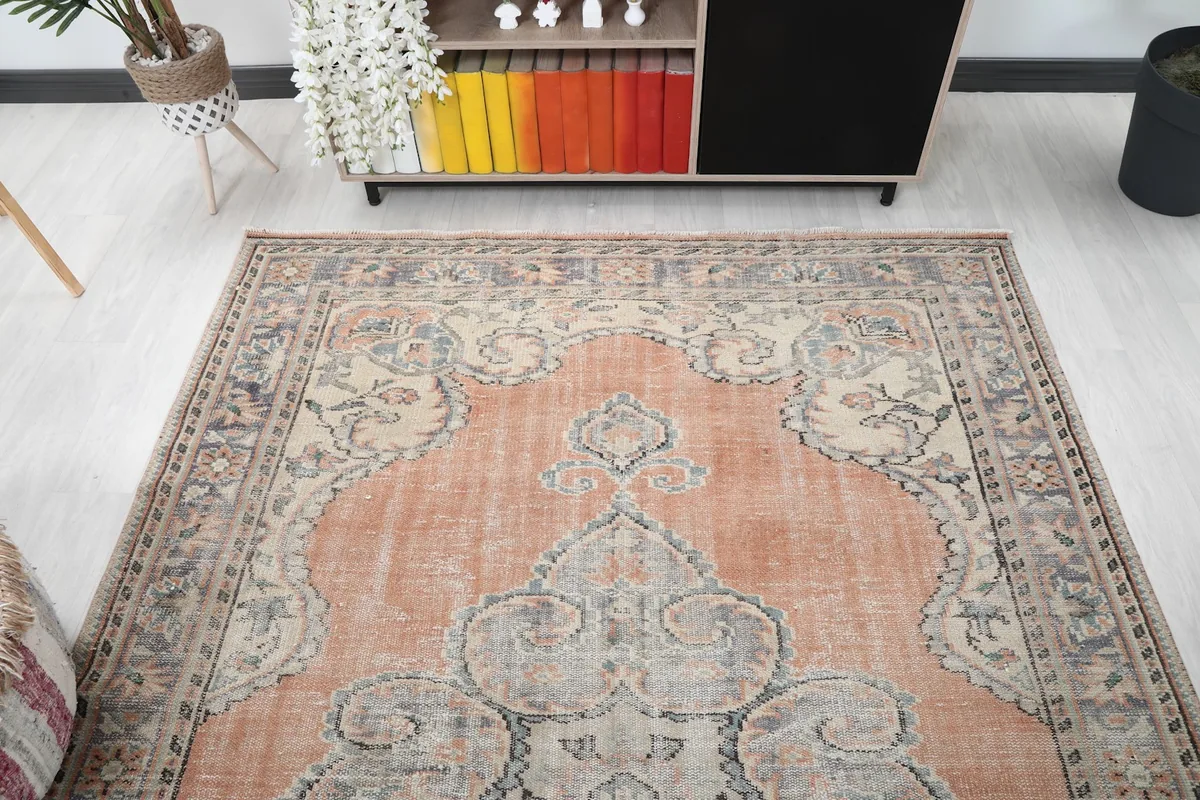Overhead view showing the rug's full design from a slightly elevated perspective