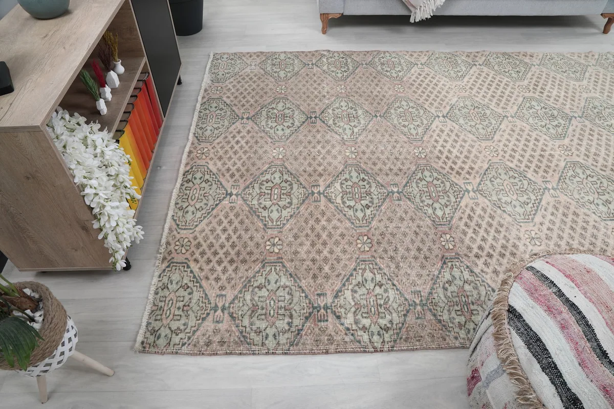 Wide shot of the rug in the living room, emphasizing its medium size and how it defines the space.