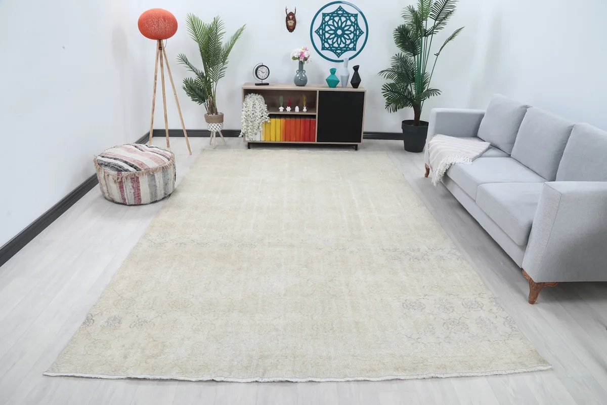 Vintage cream rug displayed in a living room setting with a light gray sofa and wooden furniture.