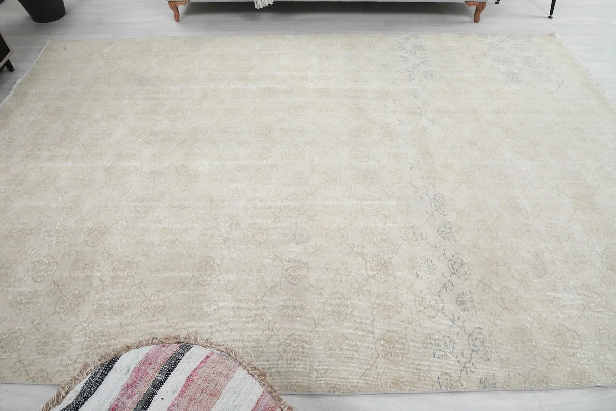 Overhead view from a different angle, capturing the overall appearance of the cream area rug.