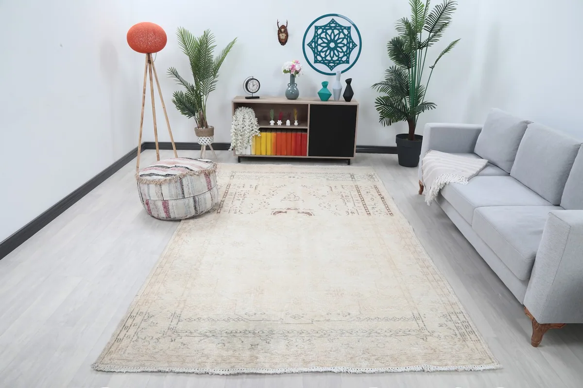 Vintage ivory and rust rug in a modern living room setting with a gray sofa and plants