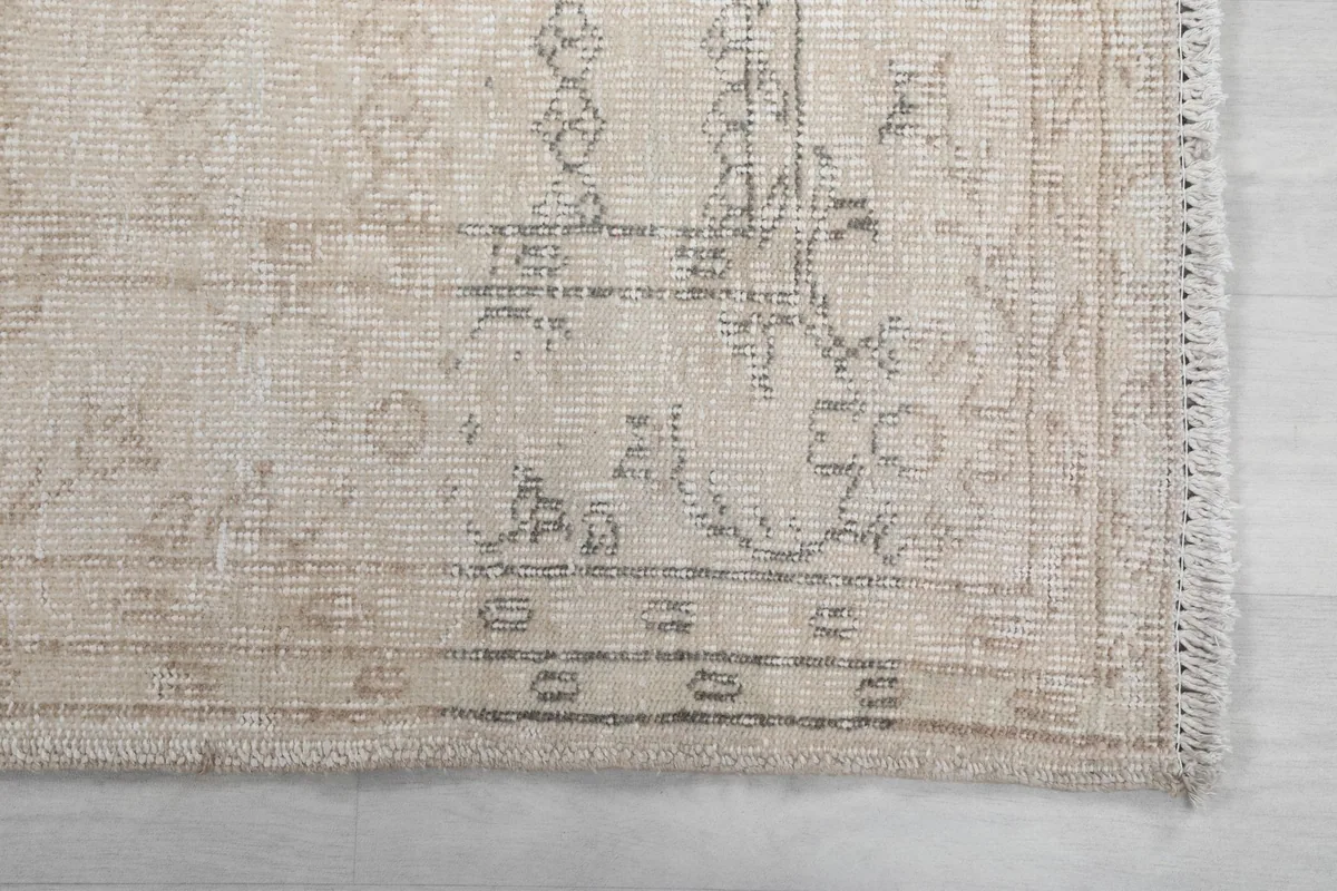 Detail of the rug's border with subtle gray and beige patterns and short fringe