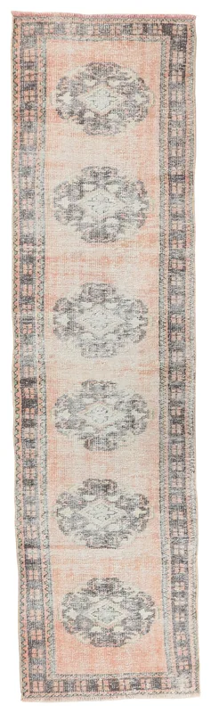 Full overhead view of the 2'8" x 10'8" rose and gray vintage Anatolian runner
