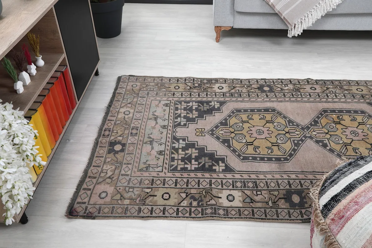 Angled view of the rug in the room, focusing on its length and design flow