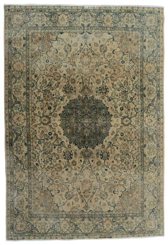 Full top view of the vintage beige area rug with a blue medallion and floral patterns