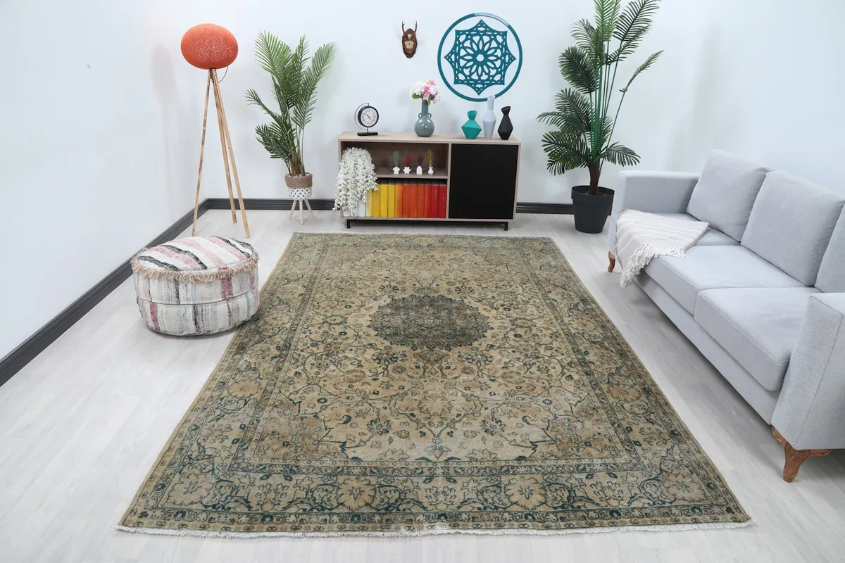 Vintage beige area rug displayed in a bright living room setting with a light gray sofa