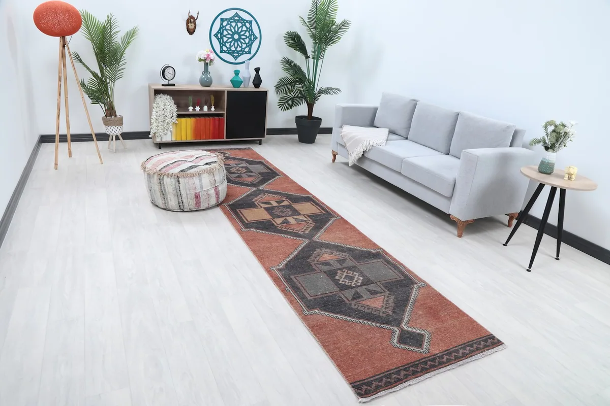 Angle view of the runner rug in a modern living space, highlighting its placement and scale.