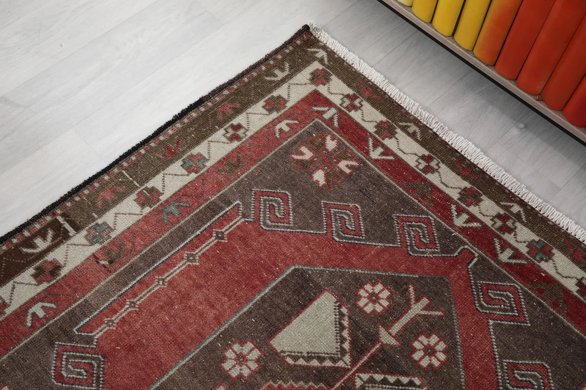 Detailed corner view of the rug's outer brown border and inner beige and red patterned borders