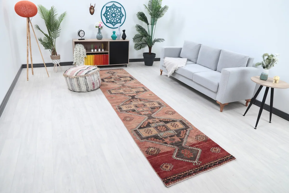 Angle view of the rose geometric runner rug in a bright room