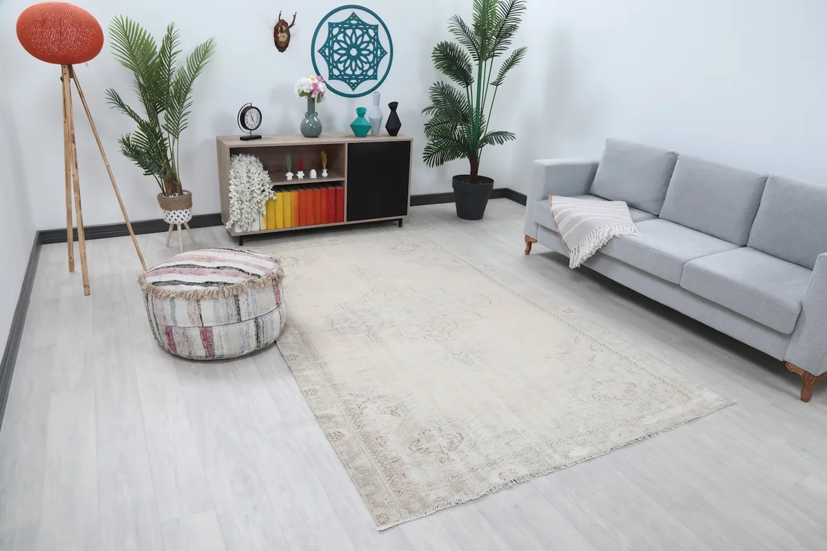 Angle view of the cream and beige vintage rug in a living room, showing its placement relative to a sofa.