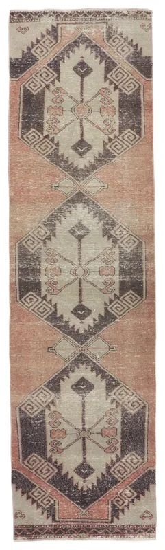 Faded Rust Geometric Anatolian Runner, full top view showing its long shape and patterns.