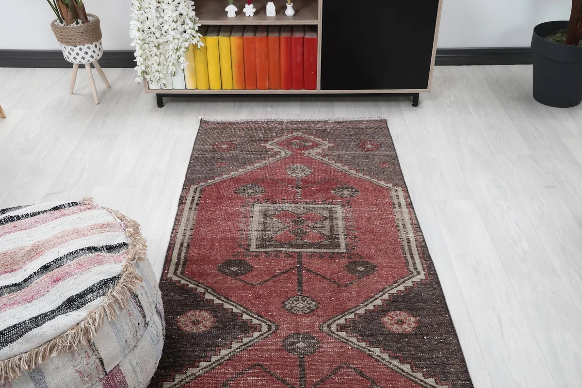 View of the runner rug from the end, looking towards a dark cabinet and plants