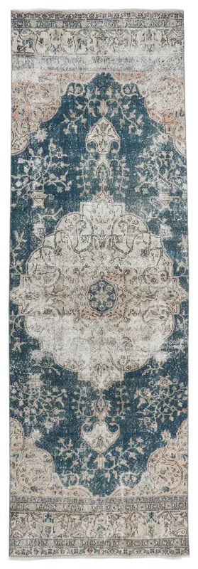 Full overhead view of the 3x11 vintage runner rug with blue and beige medallion pattern