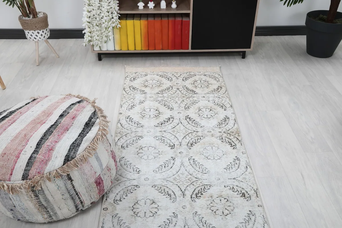 Overhead view of the runner rug in a room, emphasizing its length and how it defines the space
