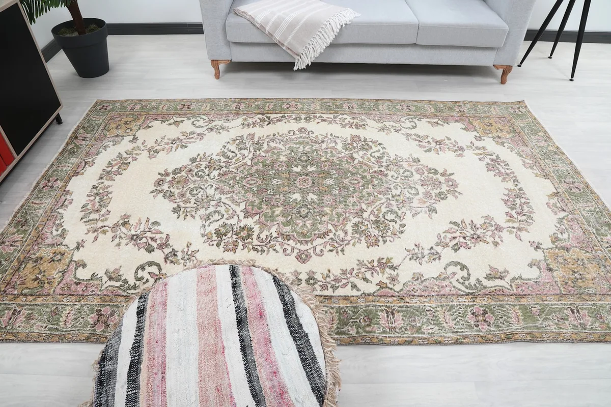 Overhead shot of the rug in a room, capturing its overall dimensions and pattern