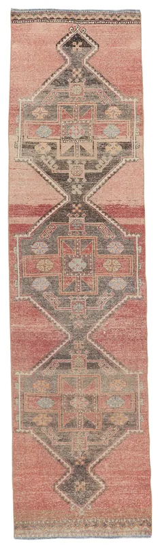 Full top view of the vintage Anatolian runner rug with rose and gray geometric patterns