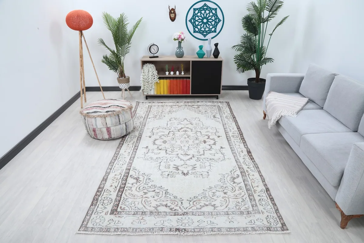 Vintage cream and brown rug displayed in a bright living room setting with a light gray sofa.