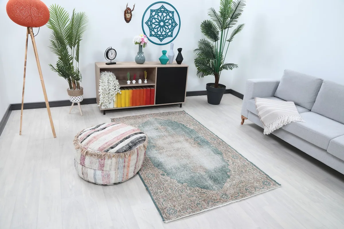Angle view of the blue vintage rug in a modern living space